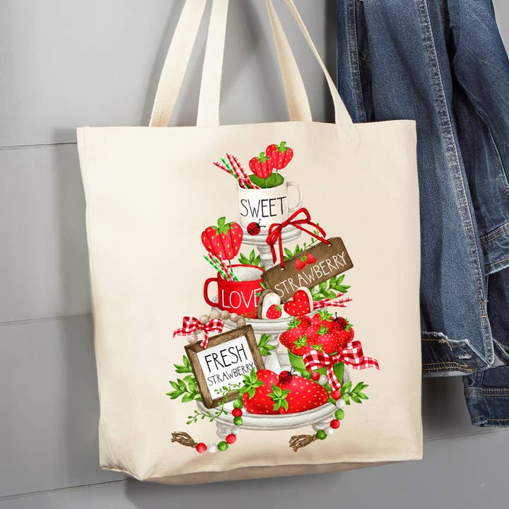 Sweet Fresh Strawberries Tiered Tray 12 oz Canvas Tote Bag for wholesale by Avery Lane Gifts