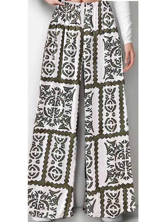 LOOWIE - Wholesale Pants - Women's - ELPIKO Italian Wide Legs Olive Ikat Summer Pants LOOWIE