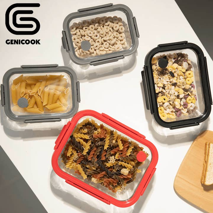 Genicook Product LLC - Wholesale Food Storage Container - Genicook Borosilicate Tempered Glass Food Storage Containers with Pro Grade Locking Glass Lids, Rectangle Shape - 8 pc Set (4 Containers -4 Matching Lids)