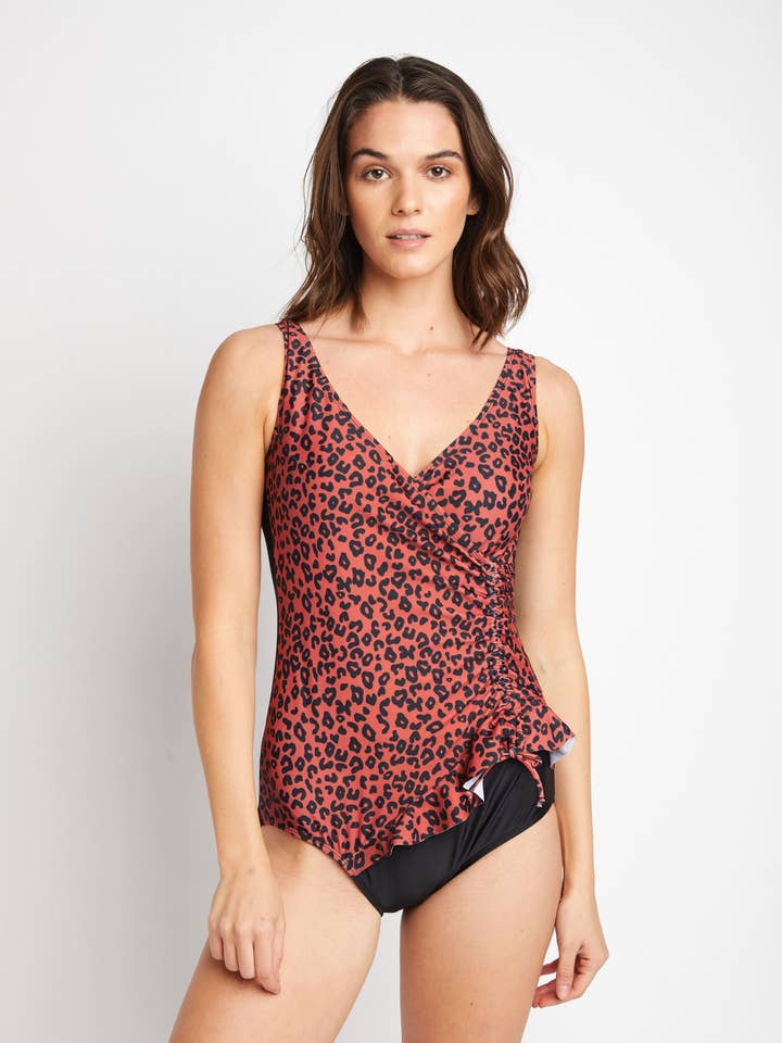 Plus Size V-Neck Swimsuit in Brick Red Leopard for wholesale by MARINA WEST SWIM