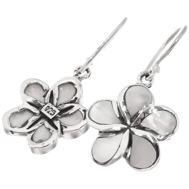 FifiRose - Wholesale Dangle earrings - 925 silver plumeria flower white mother of pearl shell sterling earrings, 3/4"2