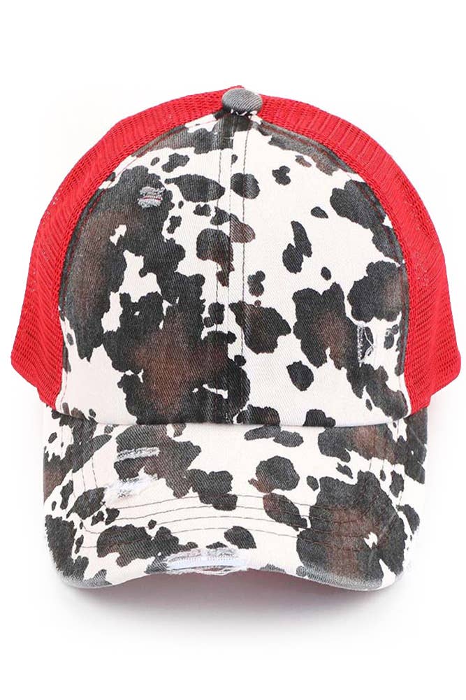 Hana - Vendita all'ingrosso Cappello per coda di cavallo - Donna - Berretto da baseball a coda di cavallo incrociata in rete con stampa di mucche C.C 0