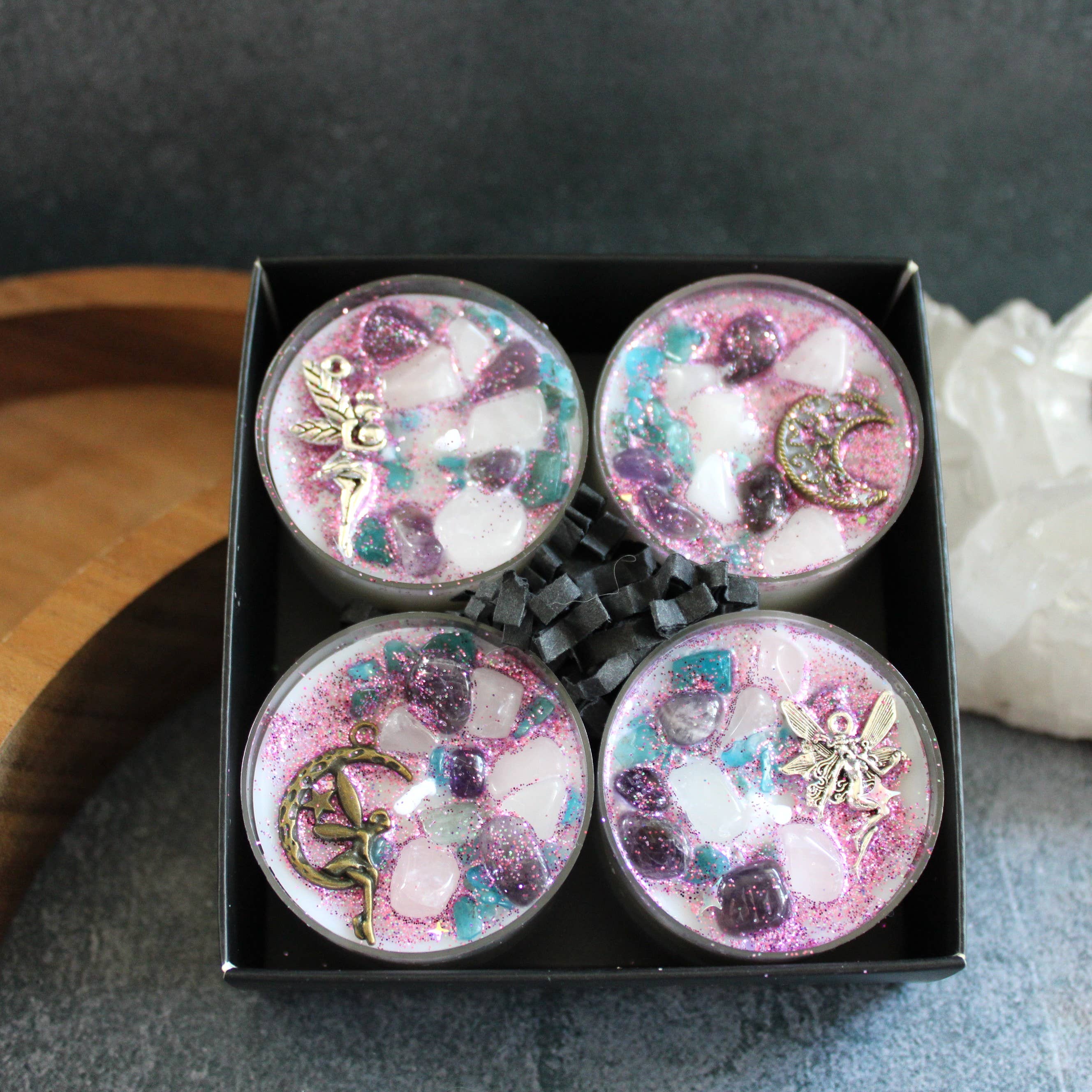 Moondust and Raven - Wholesale Tea Light Candles - Fairy Dust Tealight Crystal Candles, Ritual Candles1