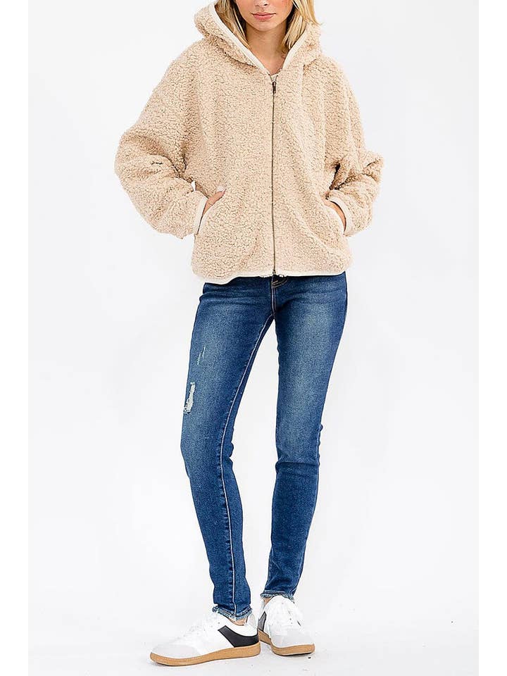 ROUSSEAU - Wholesale Jacket - Women's - SOLID SHERPA HOODED ZIP UP POCKET FRONT JACKET30