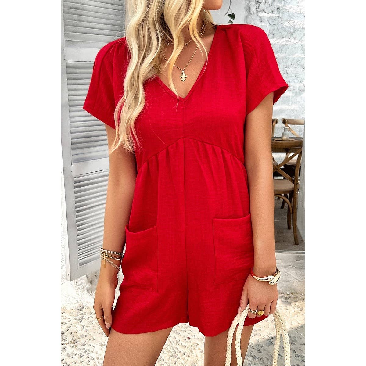 RED Solid Deep V Neck Drop Shoulder Loose Pockets Romper for wholesale on Faire1