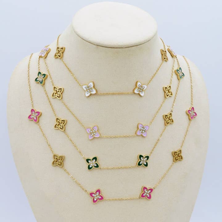 LILY SHINE ~ Collana flowers in ACCIAIO inossidabile smaltato + cubic zirconia for wholesale by Daemon srls