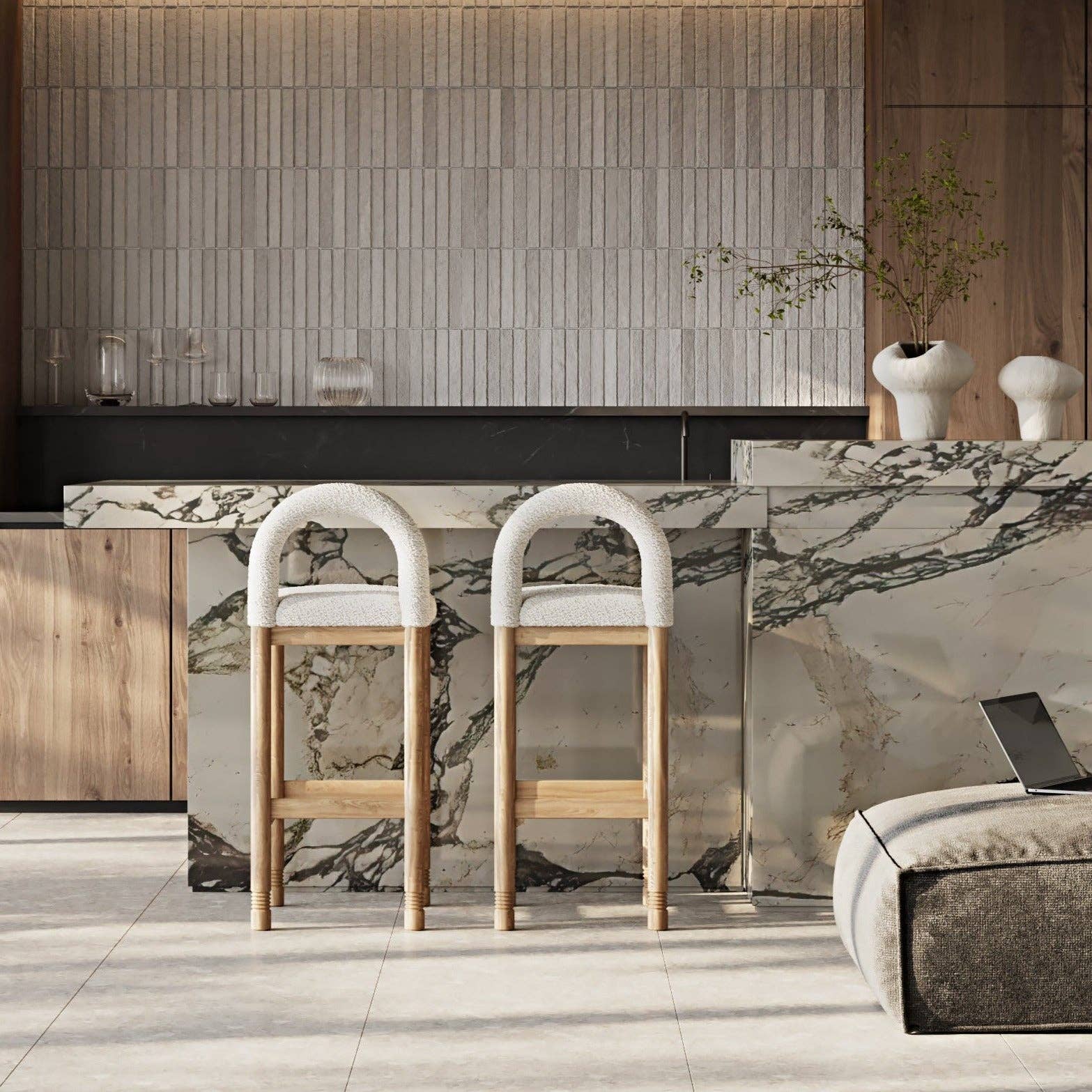 INTERIOR TONIC - Vente Tabouret - Tabouret de comptoir Heidi Teak & Boucle