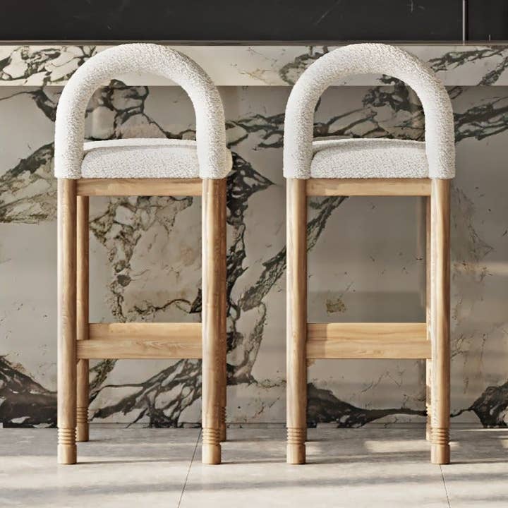 Heidi Teak & Boucle Counter Stool for wholesale by INTERIOR TONIC
