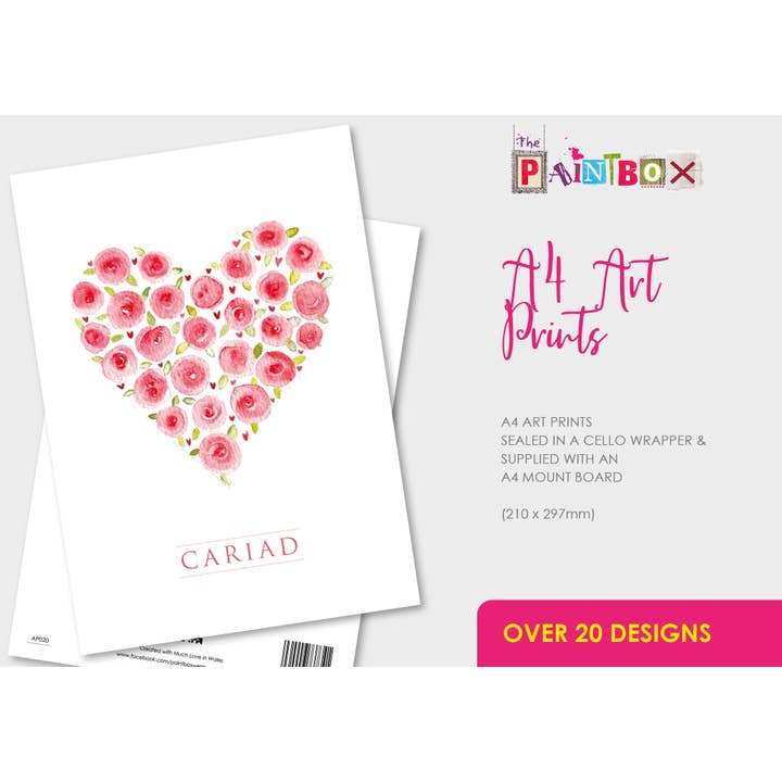 Impressões de Arte A4 - Cariad / Flores em forma de coração - Presente Galês por atacado de The Paintbox