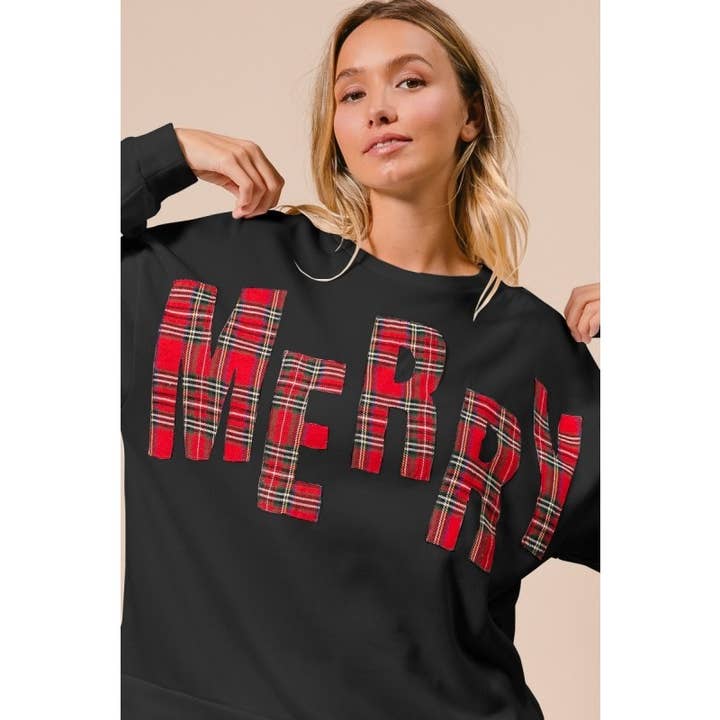 IVE - Wholesale Sweatshirt - Women's - Plaid Merry Lettering Christmas Fleece Sweatshirt12