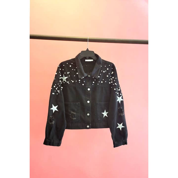 Mapcie - Wholesale Denim Jacket - Women's - STAR DETAIL RIPPED DENIM PEARL JACKET1