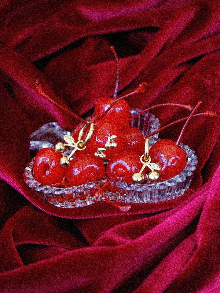 18k Gold Plated Cherry Huggie Earrings for wholesale by Rue Roosevelt