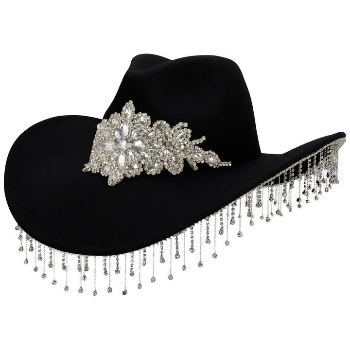 Cap Zone - Wholesale Cowboy Hat - Women's - Crystal Flower Bling Rhinestone Fringe Trim Cowgirl Hat