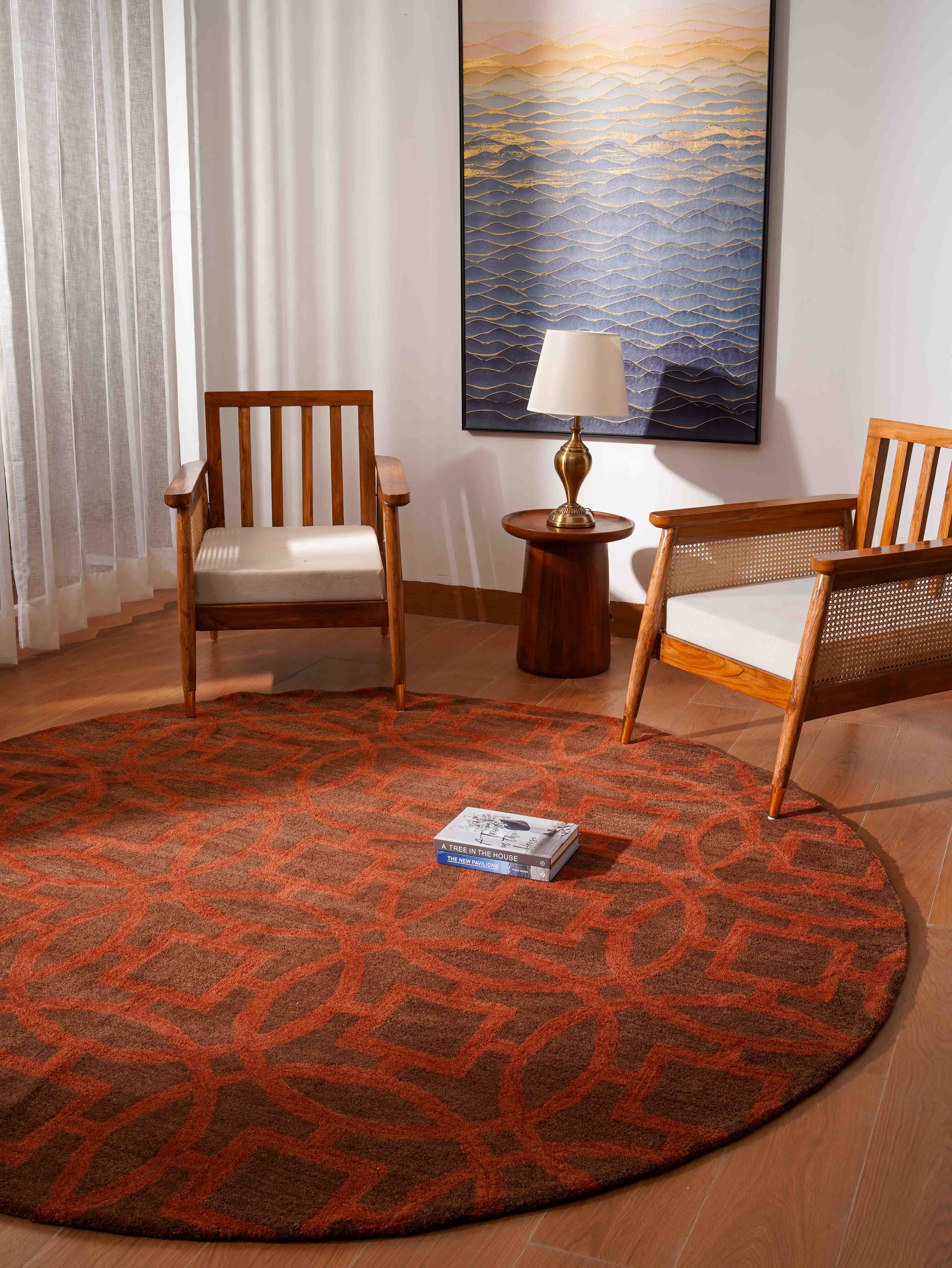 Hand Tufted Wool Round Area Rug Brown Orange K00239 for wholesale on Faire2