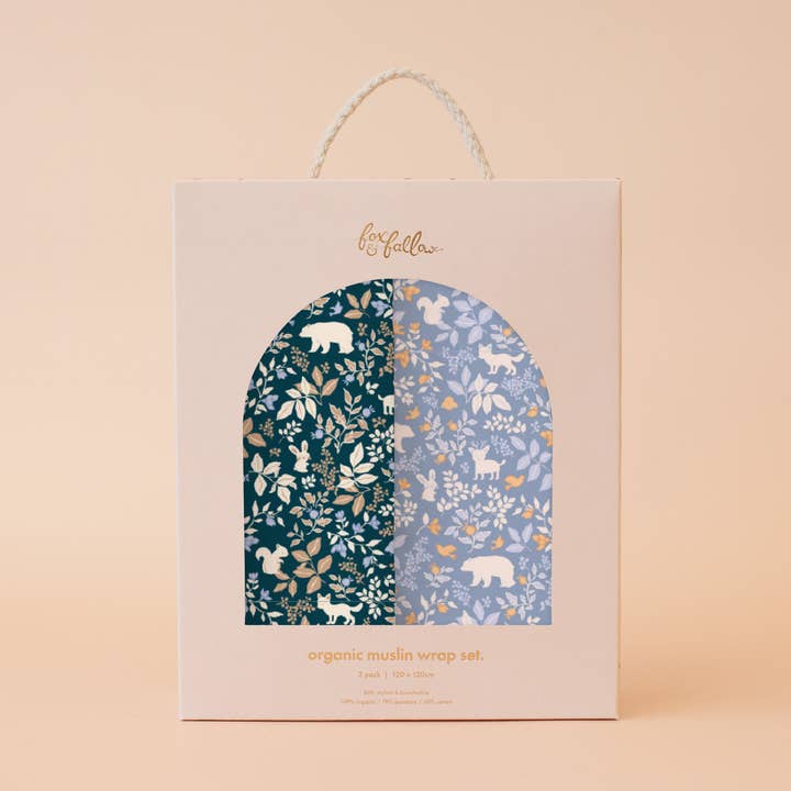 Forest Friends Midnight/Cornflower Organic Muslin Wrap Set for wholesale by Fox & Fallow
