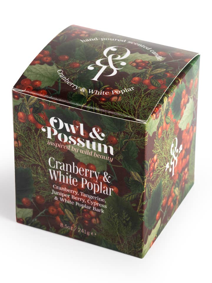 Candela di cera naturale profumata al mirtillo rosso e pioppo bianco per la vendita all'ingrosso da parte di Owl & Possum
