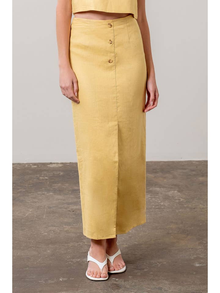Moon River - Wholesale Skirt - Women's - FRONT BUTTON DETAIL LINEN MIDI SKIRT
