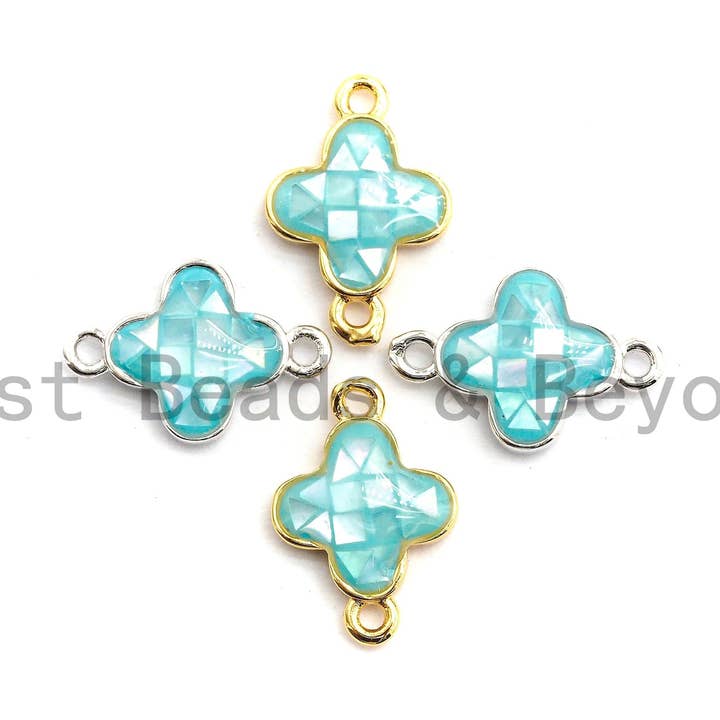 100% Natural Aqua Blue Shell Clover Flower Connector, Natural Shell Connector, Shell Pearl Jewelry, 10x15mm,SKU#Z292 for wholesale by BestBeads&Beyond