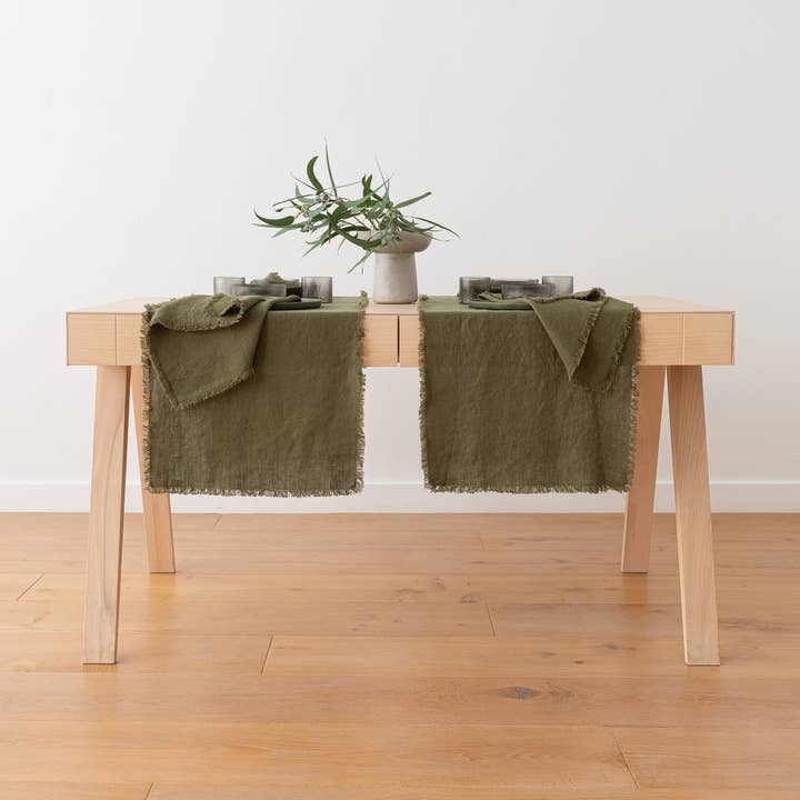 LinenMe - Wholesale Table Runner - Linen Table Runner Olive Green Terra Fringe4