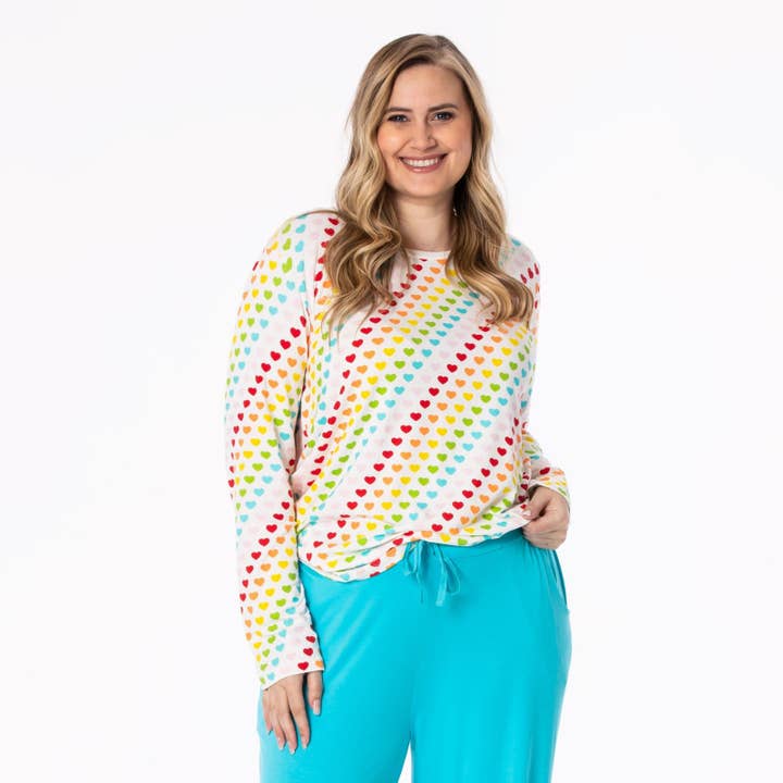 Women's Print Long Sleeve Relaxed Tee in Rainbow Hearts for wholesale by KicKee Pants