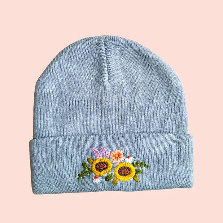 Hand embroidered flower beanie for wholesale by Olala Mia