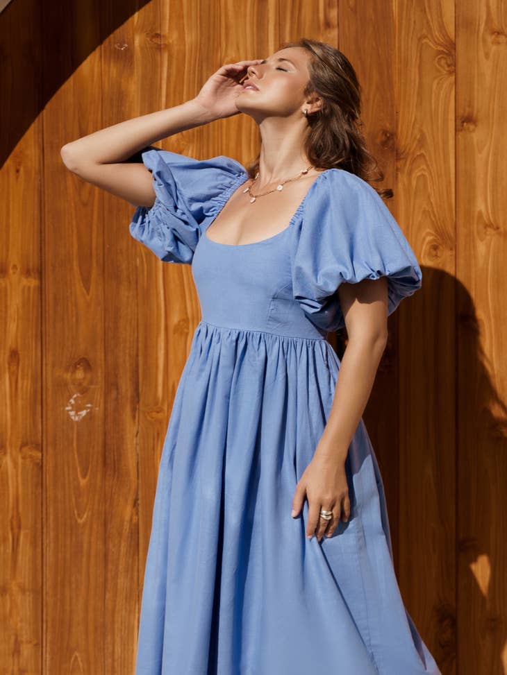 Umgee - Puff Sleeve Smocked Peplum Dress, Blue Stripe L