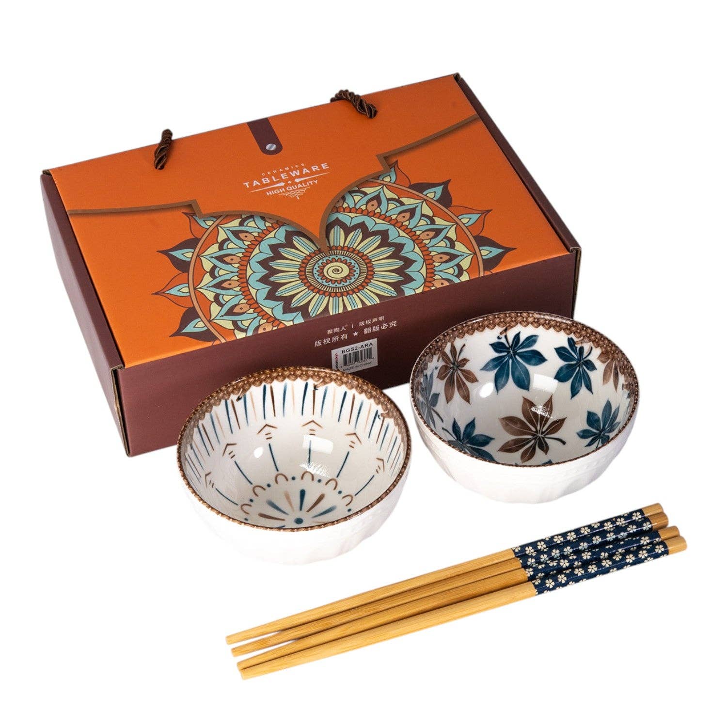 Urban Tokyo - Wholesale Bowl - Floral Arabesque Double Rice Set of 10oz 4.5"D Bowl With Chopsticks Gift Set 1/24)0