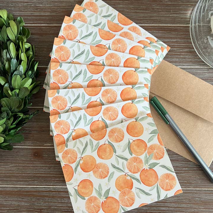 Jennifer Vaudo Art – wholesale Kontorsmateriel/Notecard Set – Apelsiner Kontorsmaterial Set, Citrus Kort, Blanka Inuti