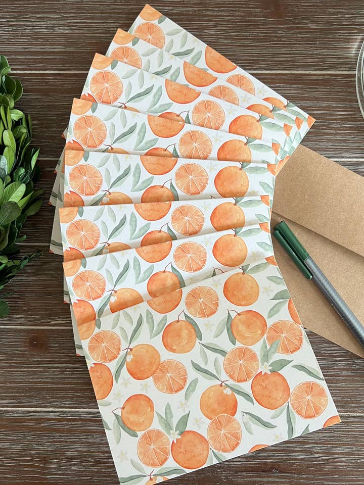 Juego de Papelería de Naranjas, Tarjetas de Notas Cítricas, Interior en Blanco para venta al por mayor de Jennifer Vaudo Art