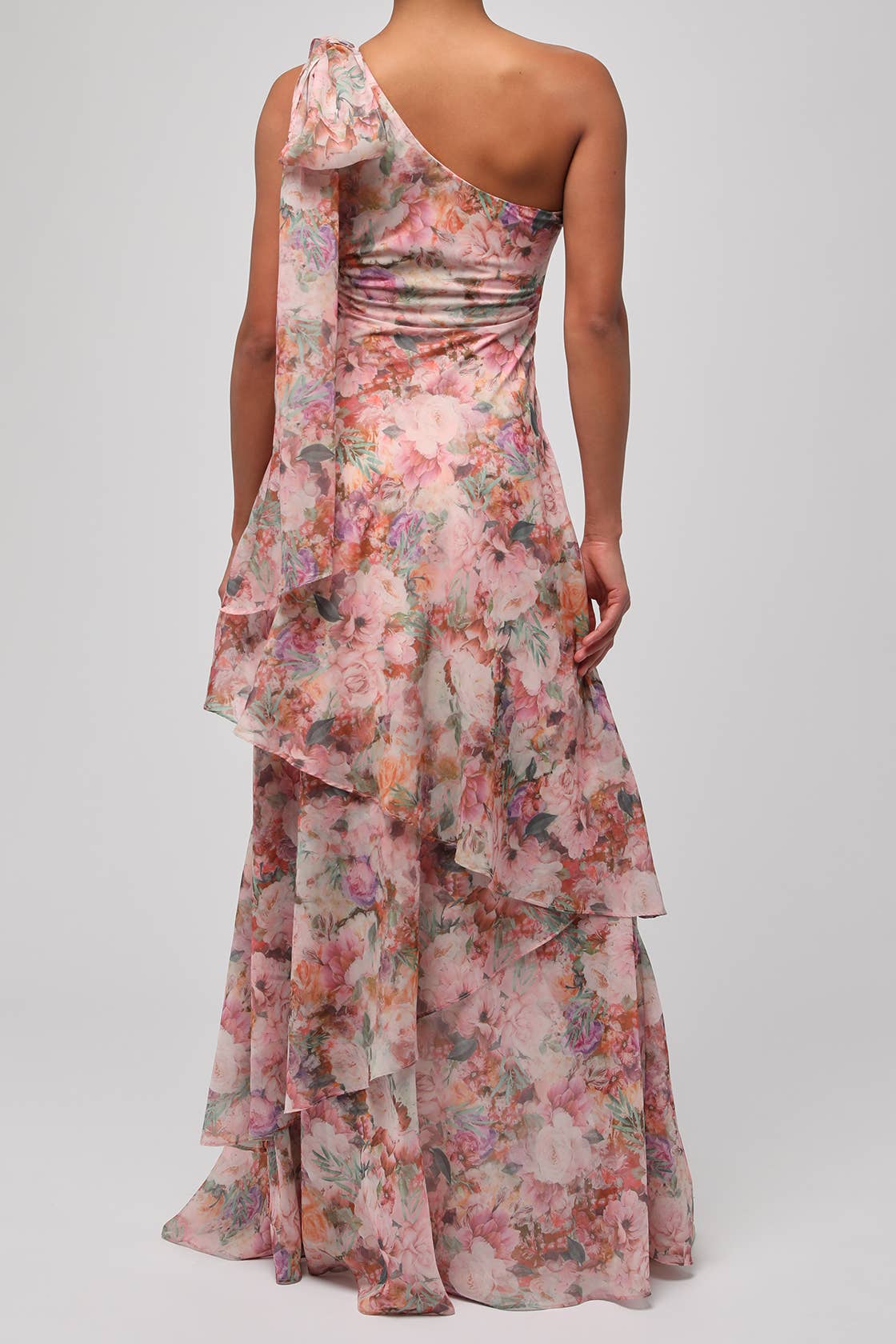 Pink Floral Amara One Shoulder Tiered Maxi Dress for wholesale on Faire0