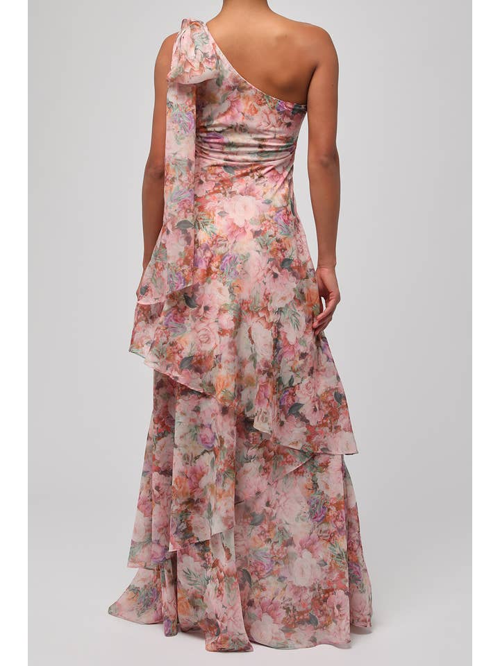 Pink Floral Amara One Shoulder Tiered Maxi Dress for wholesale on Faire