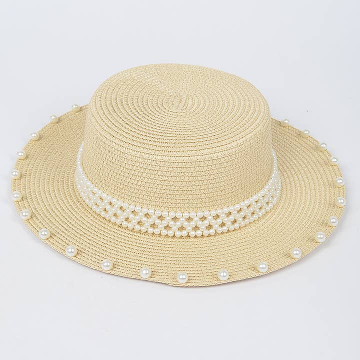 Cappello da barca da donna in paglia sintetica fatto a mano con perle AMH1657 per la vendita all'ingrosso da parte di 3AM BY H&D ACCESSORIES