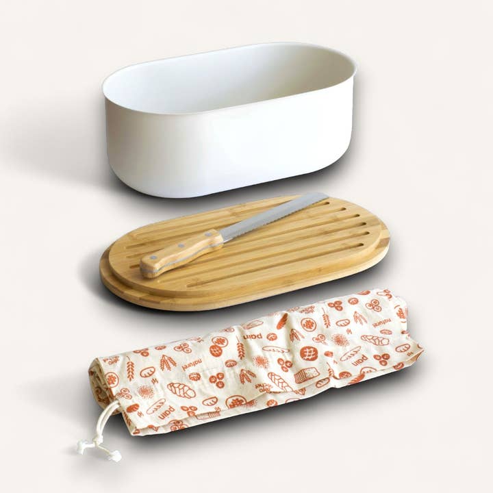 4-in-1 Bread Box with Cutting Board, Knife, and Cotton Bag for wholesale by La Brigade de Buyer