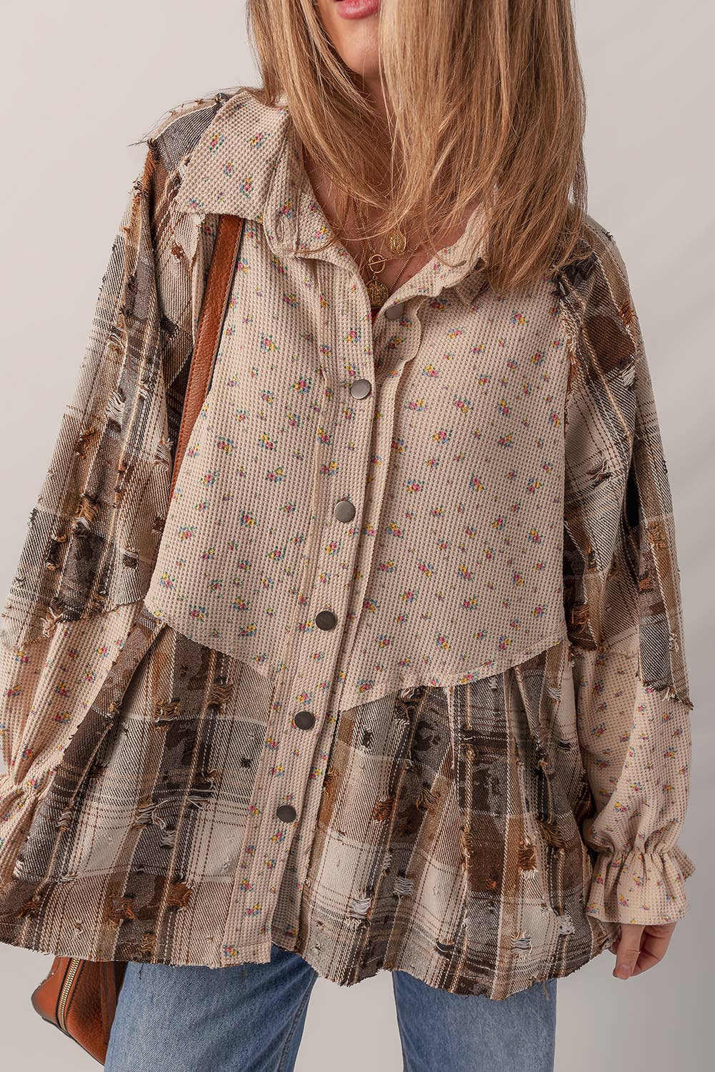 1 the Woman - Wholesale Shirt Jacket/Shacket - Women's - Distressed Detail Ruffled Sleeve Waffle Knit Shacket5