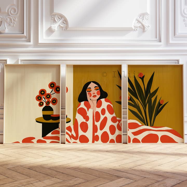 Modern Polka Dot Portrait Triptych – Abstract Woman Wall Art for wholesale by IuliiaArtPrints