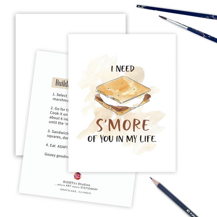 Smore Recipe Card, I Need S'More of You Cute Greeting Card for wholesale by Eight21 Studios + Unique Greeting Cards, Art and Stationery