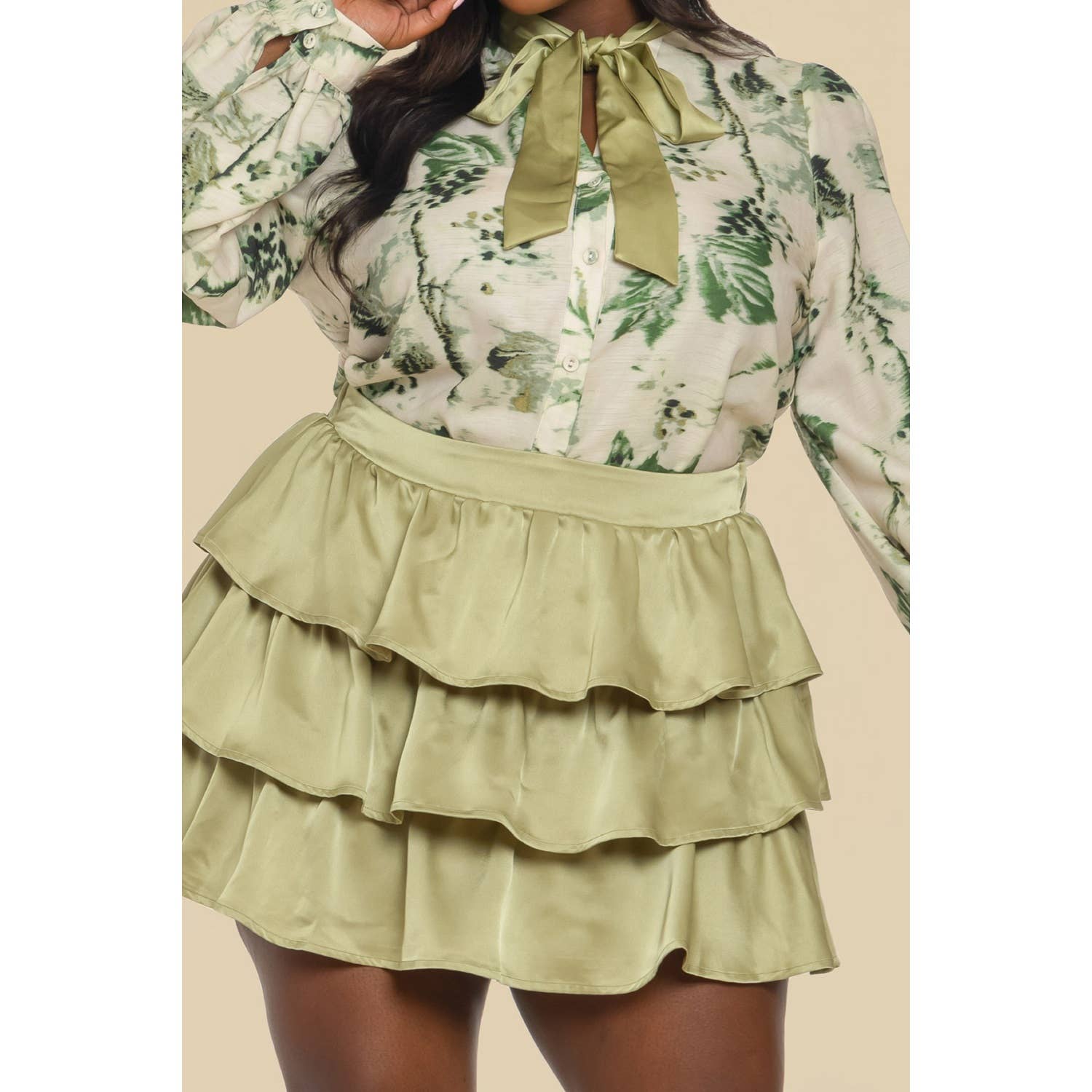 The Sang - Wholesale Top & Skirt Set - Women's - PLUS PRINT TIE NECK BLOUSE SOLID RUFFLE SKIRT SET9