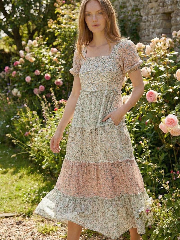 SQUARE NECK DITSY FLORAL PRINT TIERED MIDI DRESS for wholesale by Kori America