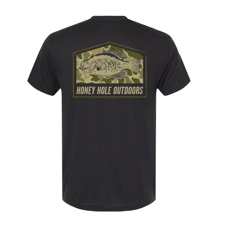 Honey Hole Outdoors - Wholesale Screen Printed T-Shirt - Men's - Short Sleeve - Camo Crappie - Black