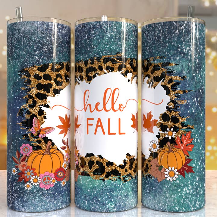 Fall "Hello Fall" Leaves & Pumpkins Blue Glitter Tumbler for wholesale by FloBama Girls Wholesale