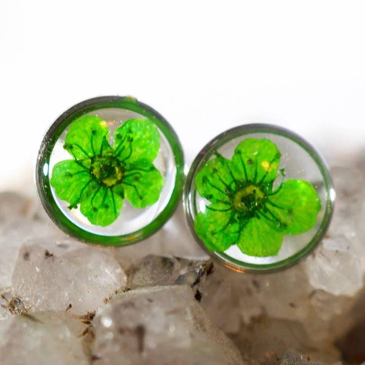 Orecchini a fiore verde, orecchini a perno con fiori veri, gioielli con fiori pressati, orecchini terrario da sposa per la vendita all'ingrosso da parte di Remedy Designs