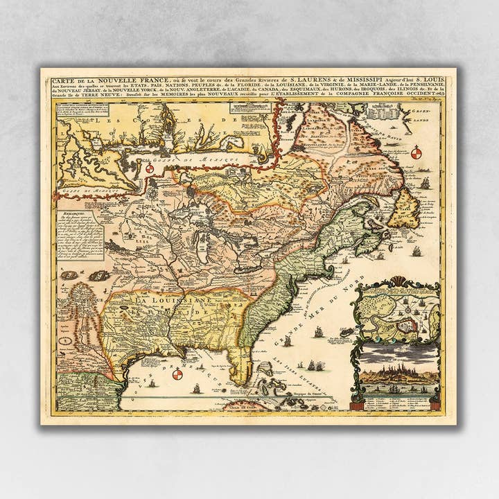 HomeRoots - Vente Cartes - Carte de la Nouvelle-France vintage de 1718, 20 x 24 pouces