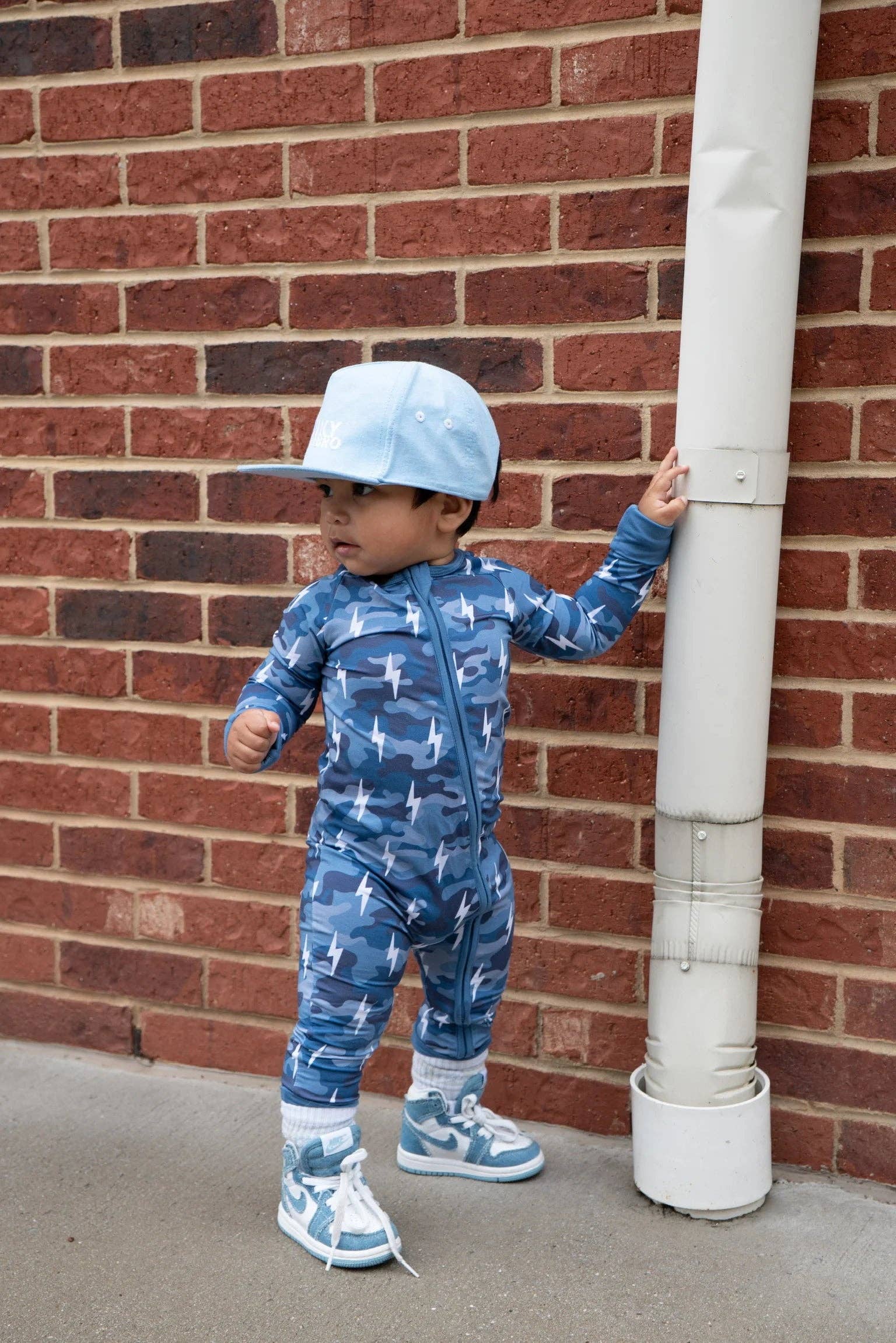 Lucky Panda Kids - Wholesale Jumpsuit - Baby - Bamboo Zip Romper | Blue Camo Bolts9