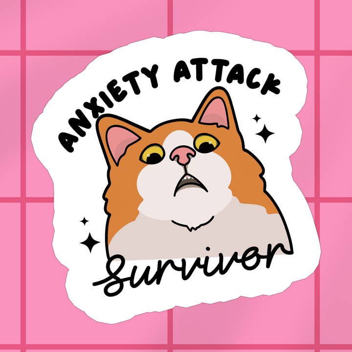 Anxiety Cat Mental Health Waterproof Vinyl Sticker for wholesale by Stickers+ X Ashley Bexar