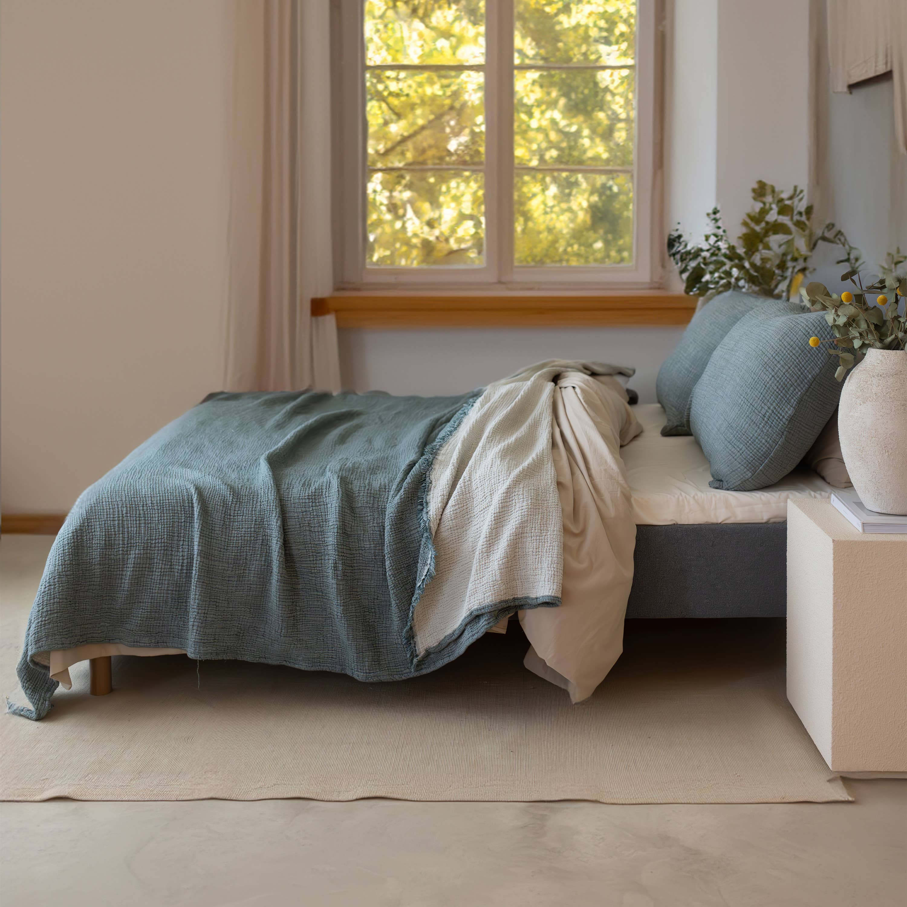 Vivamaison - Vente Plaids - Couvre-lit en mousseline frangé 100 % coton doux, 4 couches premium137