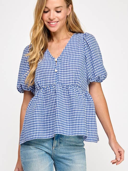 Gingham-Top mit Puffärmel. für den Großhandel von Lemon Tree