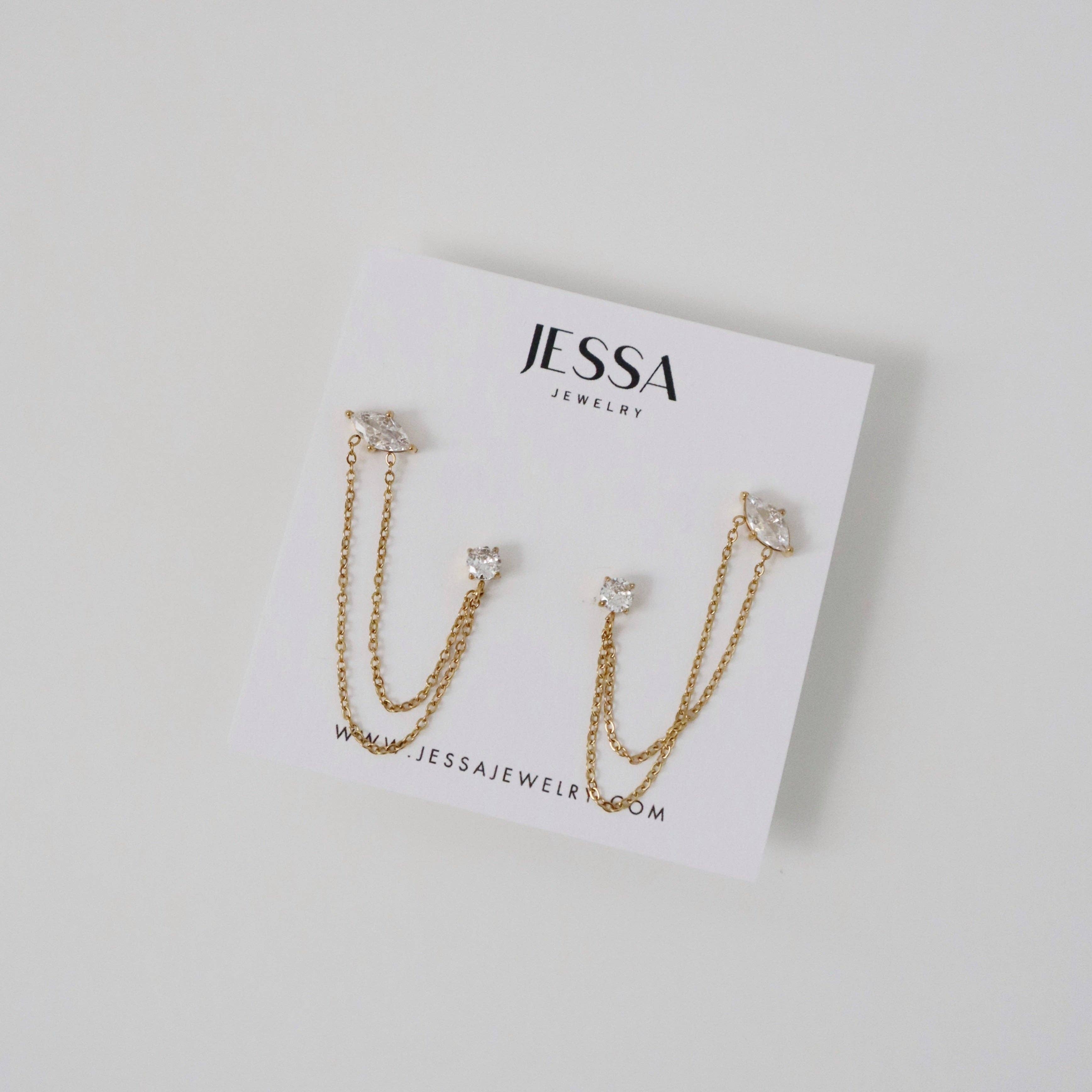 JESSA Jewelry - Vente Boucles d'oreilles pendantes - Clous à double chaîne Ryann | Boucles d'oreilles à double piercing5