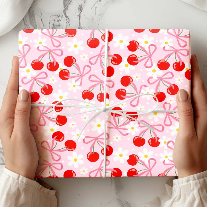 Papier d'emballage motif coquette cerise papier cadeau imprimé sur mesure pour la vente par House of Binky