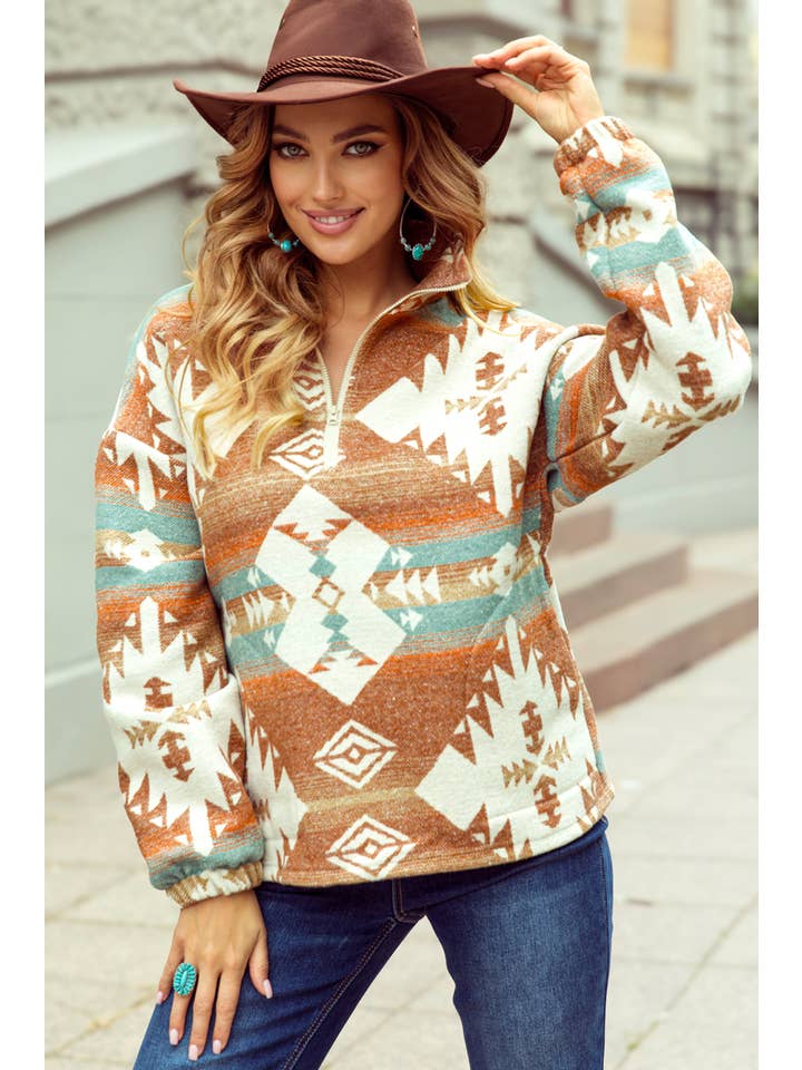 1 the Woman - Vente Sweat-shirt – femme - Sweat-shirt occidental à quart de zip et poignets élastiques