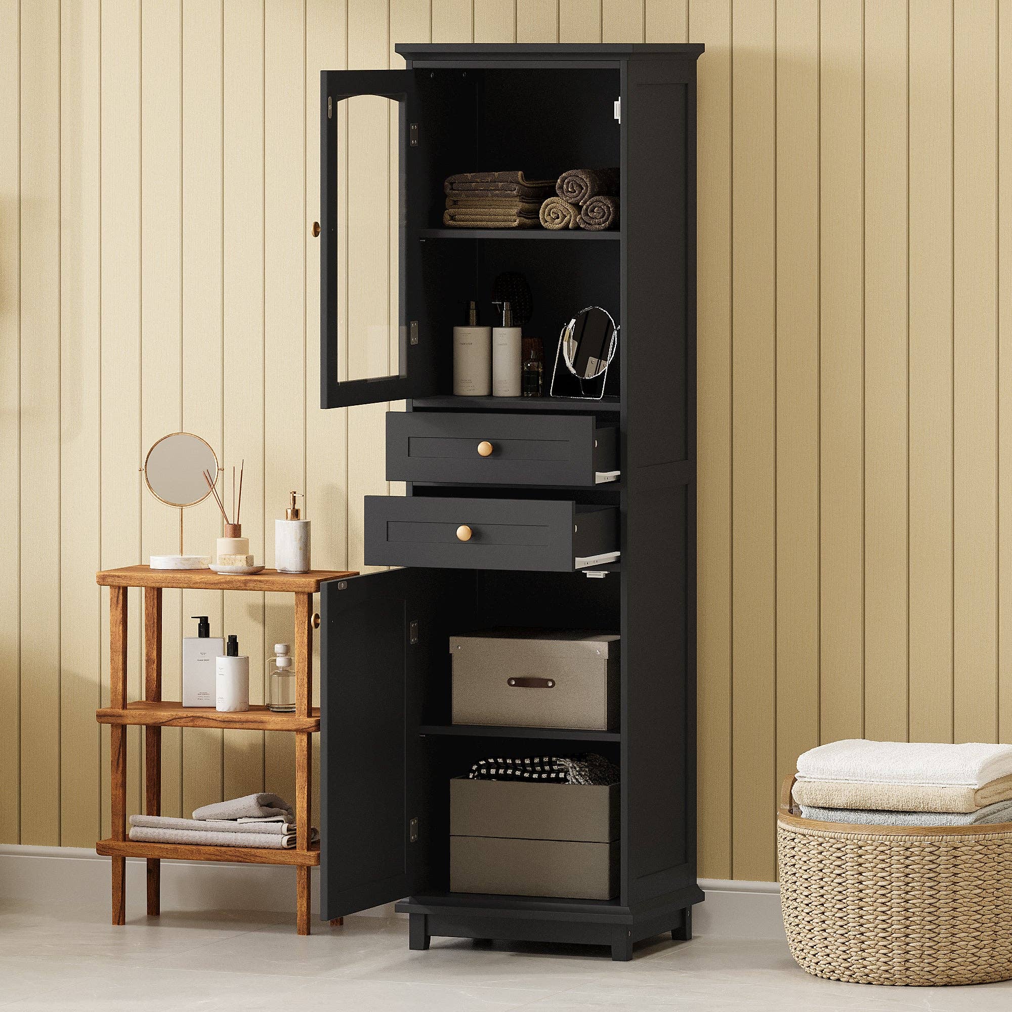 Orange County Decor - Wholesale Cabinet - 63" Tall Bathroom Storage Cabinet With Glass Doors, Free Standing, Two Drawers, And Adjustable Shelves, Mdf Board, Painted Black Perfect For Displaying Your Favorite Items 2 Black 2 4 Adjustable0